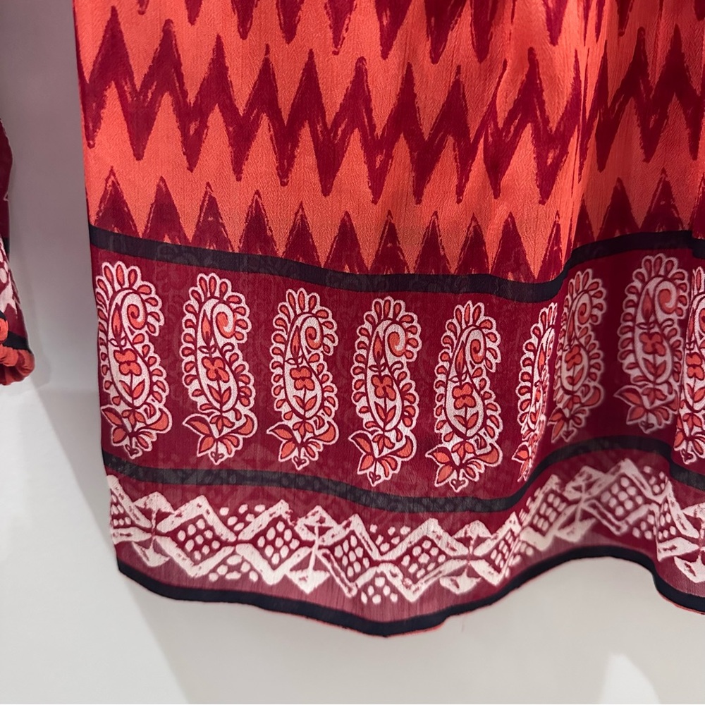 Lucky Brand Sheer Orange & Red Zigzag Boho Blouse size XS - Picture 4 of 8